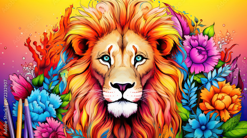  a painting of a lion surrounded by flowers and leaves on a multicolored background.  generative ai