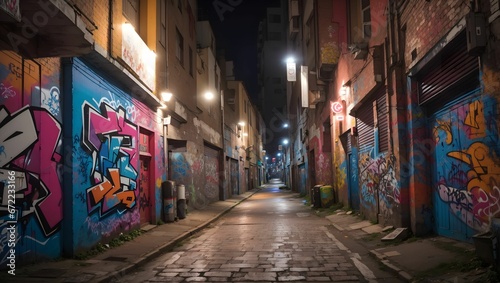 AI generated illustration of an urban alleyway with colorful graffiti art painted on the walls © Wirestock