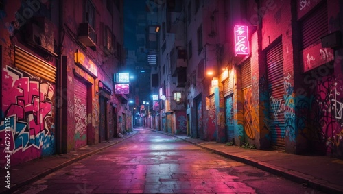 AI generated illustration of an urban alleyway with colorful graffiti art painted on the walls photo