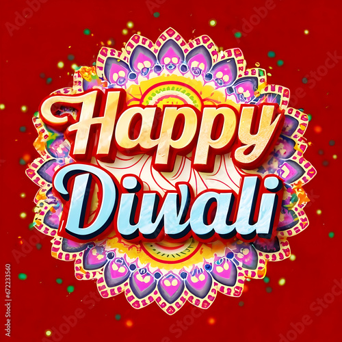 Happy Diwali T-shirt design  with hand lettering text effect illustration art template lamp light colorful background. generative ai