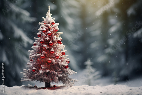 A beautiful snow-covered, fabulous New Year tree stands in a snowy forest. Christmas card, landscape