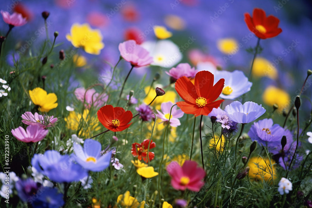 Close-up of a field of vibrant wildflowers