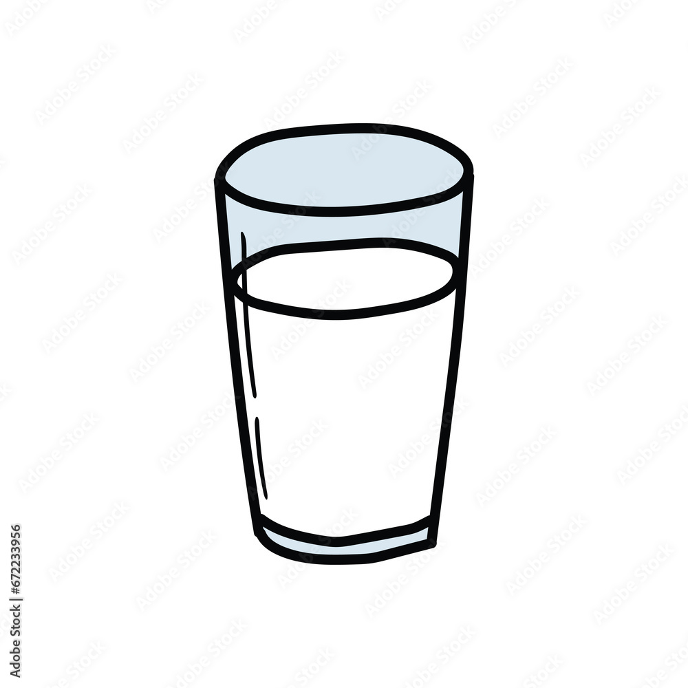A hand-drawn cartoon doodle icon of a glass of milk on a white background. A hand-drawn cartoon doodle icon of a glass of milk on a white background.