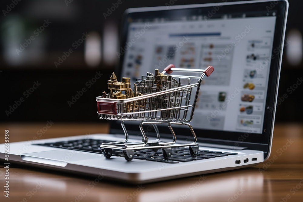 model shopping cart on a laptop, in the style of explosive pigmentation, webcore, media-savvy