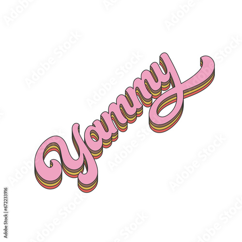 Yammy retro style text inscription vector illustration isolated on white. Groovy food print.