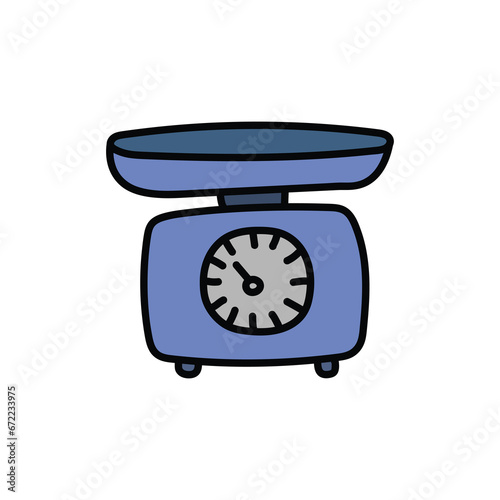 A hand-drawn cartoon doodle icon of a kitchen scale on a white background.