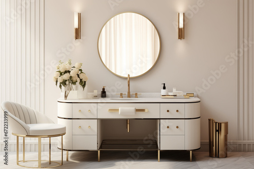 Empty modern, minimal beige dressing table, gold handle drawer storage, twig glass vase, round vanity mirror in cream wall bedroom in sunlight for luxury beauty, cosmetic, generative AI photo
