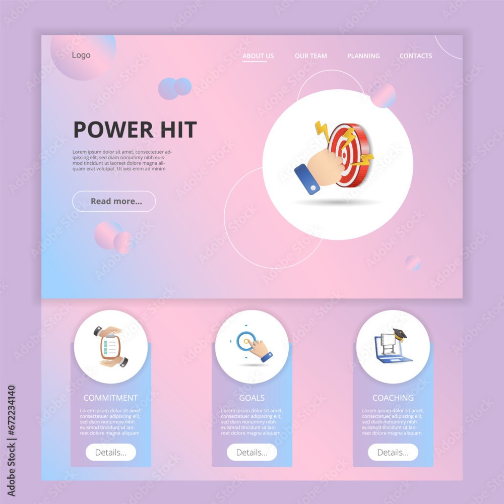 Fototapeta premium Power hit flat landing page website template. Commitment, goals, coaching. Web banner with header, content and footer. Vector illustration.