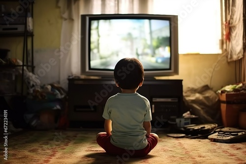 An Asian kid sits with his back and watches TV