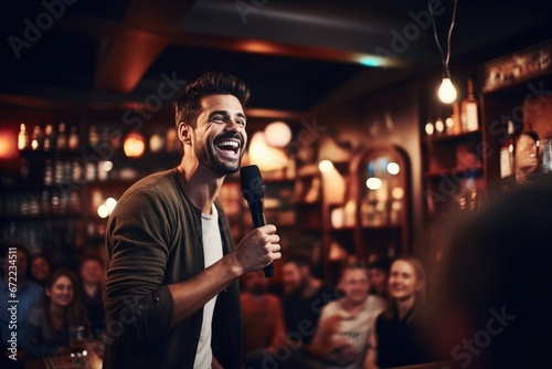 Male stand-up comedian talking in cafe and having stand up comedy show photo