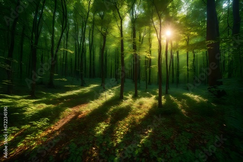 A  deep woodland where sunlight filters through the leaves to create lovely ground patterns.