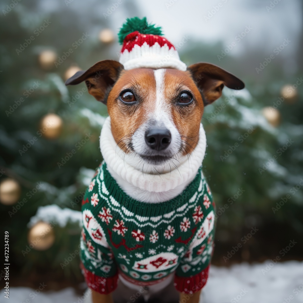 cute little dog wearing an ugly christmas sweater - portrait photo cute little dog wearing an ugly christmas sweater - portrait photo