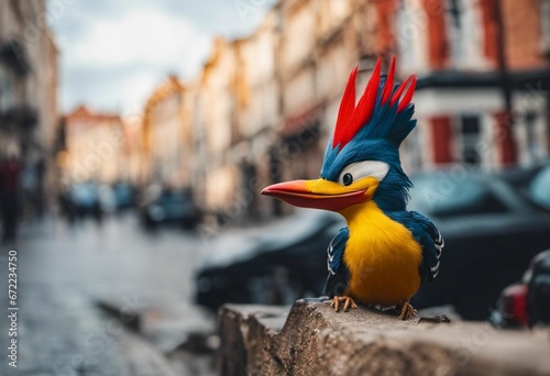 AI generated illustration of a woodpecker perched on a stone in the city street photo