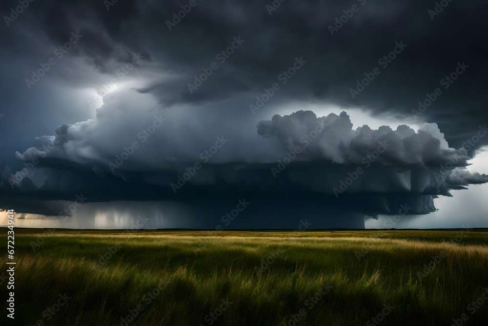 A striking thunderstorm above a vast expanse of prairie.