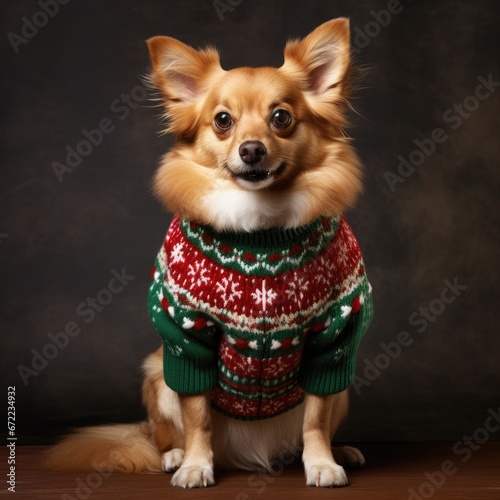 cute little dog wearing an ugly christmas sweater - portrait photo photo
