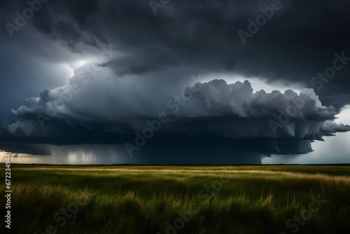 A striking thunderstorm above a vast expanse of prairie.