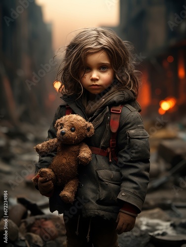 A little girl in an empty city destroyed by war, refugees without a home and parents, stop the war and aggression. In hands with a plush toy and a weapon for self-defense