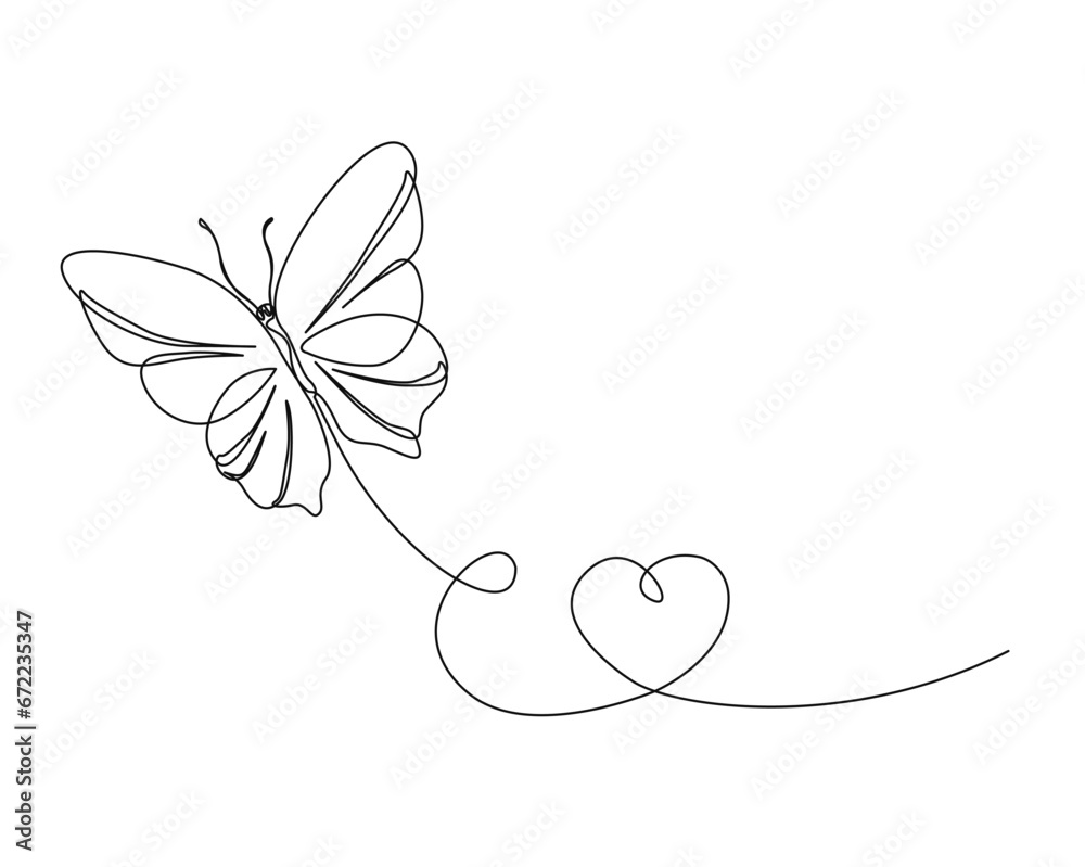 Continuous one line drawing of flying butterfly. Butterfly with love shape outline vector illustration. Editable stroke.