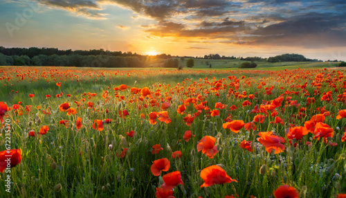 Beautiful meadow with the poppy flowers at sunset, Poland. © richard