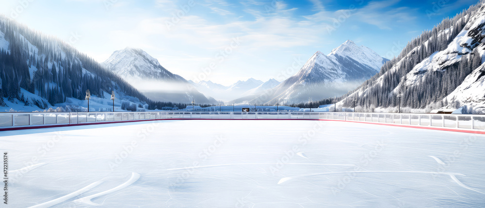  Rink Background on luxury mountain resort. Ice skating. Scenery hotels of Alps on snowy winter landscape. Vacation, travelling concept. Copy space. Stadium. Panoramic view. Generative ai	