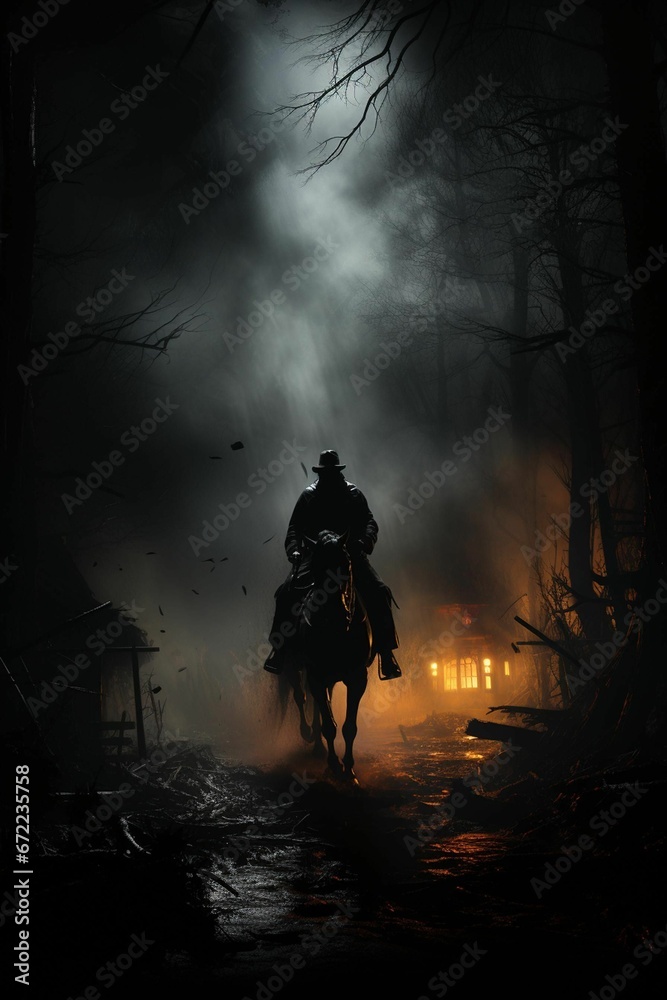 AI generated illustration of A silhouetted man atop a horse in a forest at nighttime
