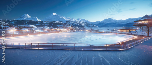  Rink Background on luxury mountain resort. Ice skating. Scenery hotels of Alps on snowy winter landscape. Vacation, travelling concept. Copy space. Stadium. Panoramic view. Generative ai 