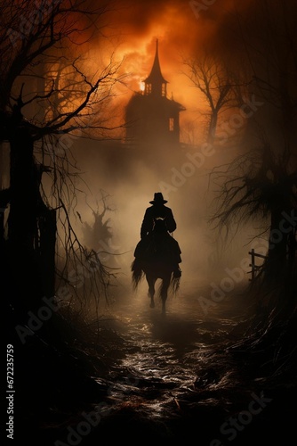AI generated illustration of a silhouetted individual riding a horse in a rural location at night