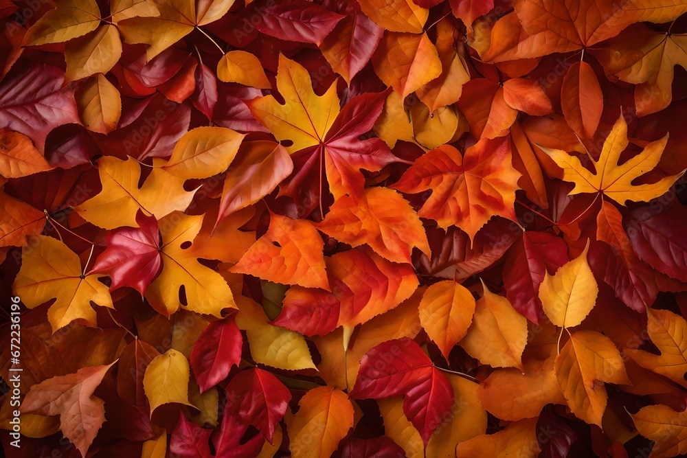 Autumn leaves up close, showing a range of red and orange tones. Autumn leaves up close, showing a range of red and orange tones.