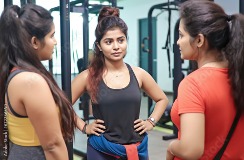 Fitness Trio  Three women Engage in a Workout Session in a Well-Equipped Gym  ai generative