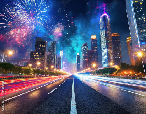 Asphalt road and city skyline with modern buildings at night