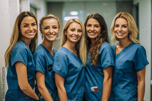 Medical Team in Blue: A Group of Professionals Stand Ready in a Hospital Hallway, ai generative