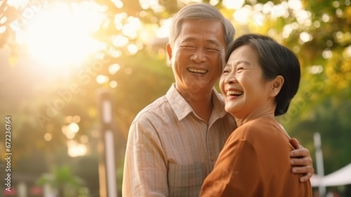 Elder Asian couple protrait happy smile on nature background.