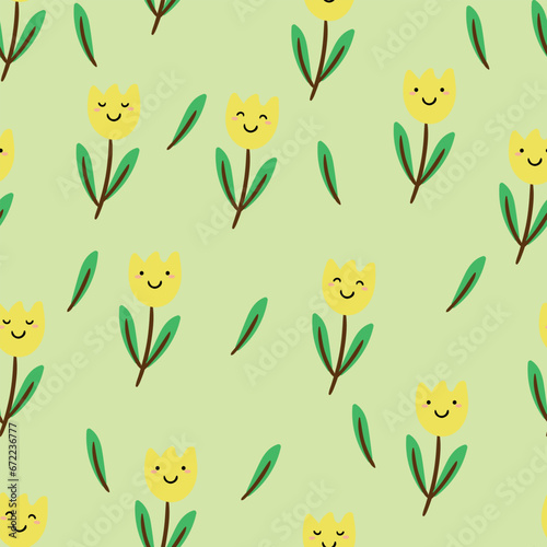 Seamless pattern of cute cartoon tulips flowers in yellow for fabric print, textile, gift wrapping paper. colorful vector for children, flat style