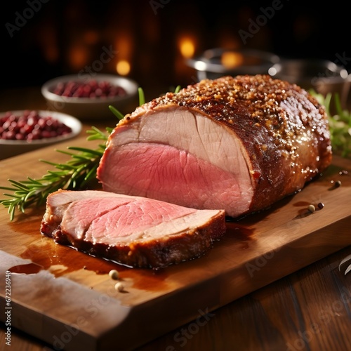 Freshly cooked cut of beef steak served on a rustic wooden cutting board, AI-generated.