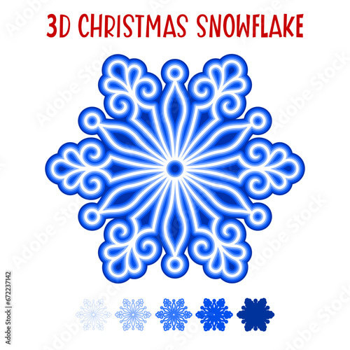 3D Snowflake silhouette paper cut. Vector layered snowflake template. Winter symbol paper or laser cutting or sublimation. Christmas ornament for holidays. Flat style. New year illustration.