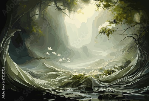 an artistic painting of a stream surrounded by trees and rocks