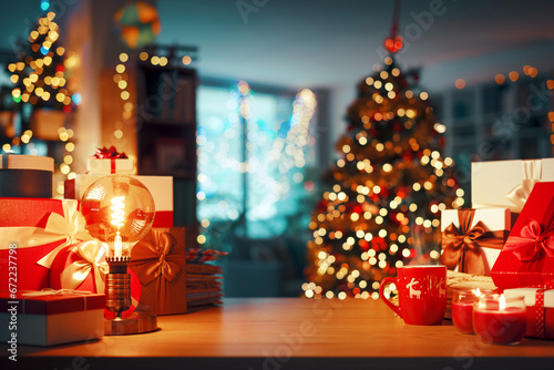 Christmas gifts and decorated home interior