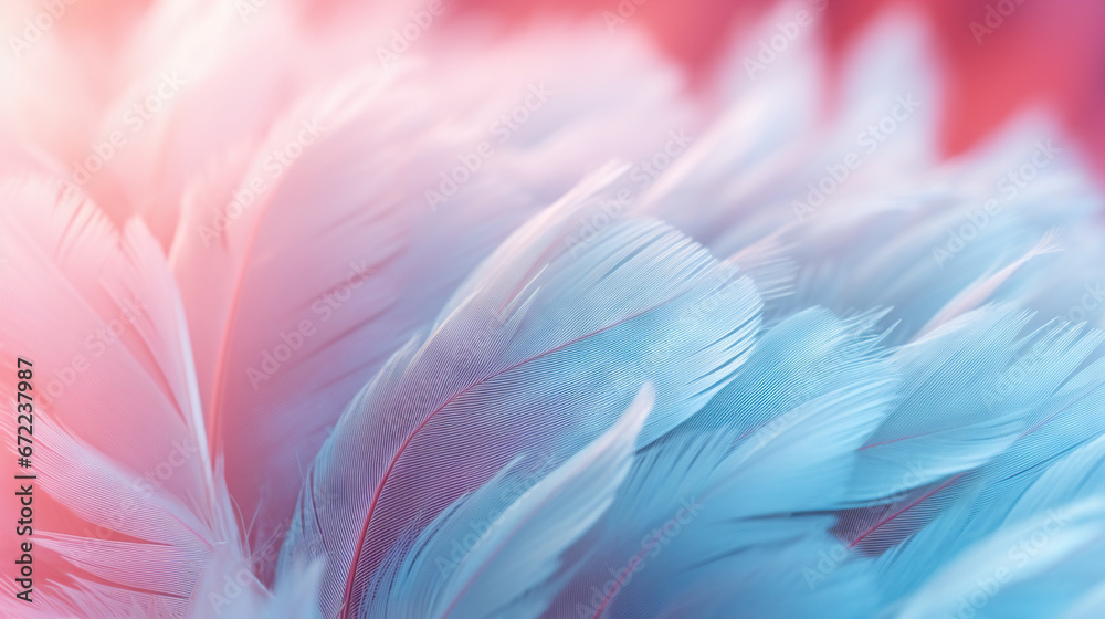  a close up of a blue and white feather on a red and pink background.  generative ai