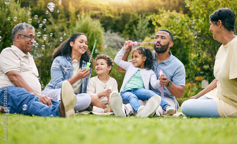 Nature picnic, bubbles and happy family relax, smile or kids enjoy toys, outdoor time together and garden fun. Natural spring freedom, park games or bonding grandparents, parents and children playing