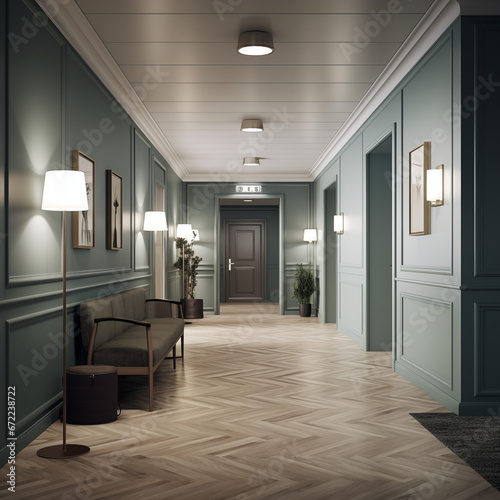 Photo shot in Detail shot  scandinavian hotel hallway  3d render. AI generated.