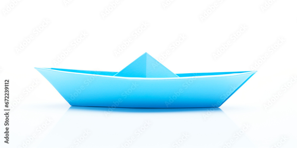 light blue paper boat, white background. Generative Ai.