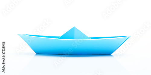 light blue paper boat, white background. Generative Ai.