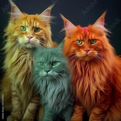 AI generated illustration of three cats of orange, yellow and green coat colors sitting togethe
