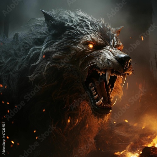 AI generated illustration of a mysterious and eerie wolf with orange eyes surrounded by fire flames