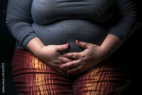thick woman holding her belly with her hands