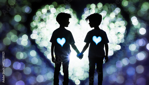 2 boys couple holding hands with a heart-shaped light, Love and Connection