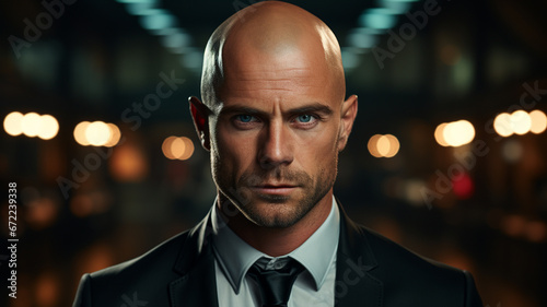 portrait of a bald man wearing a short jacket. photo