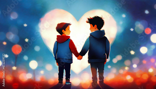 2 boys couple holding hands with a heart-shaped light, Love and Connection