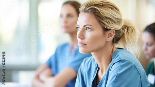 Focused Nurse Listening Intently in a Professional Seminar