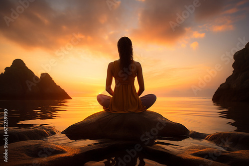 The portrait of the woman meditates in a yoga pose, sitting on the rock at the sunset time shot from behind. Generative AI.